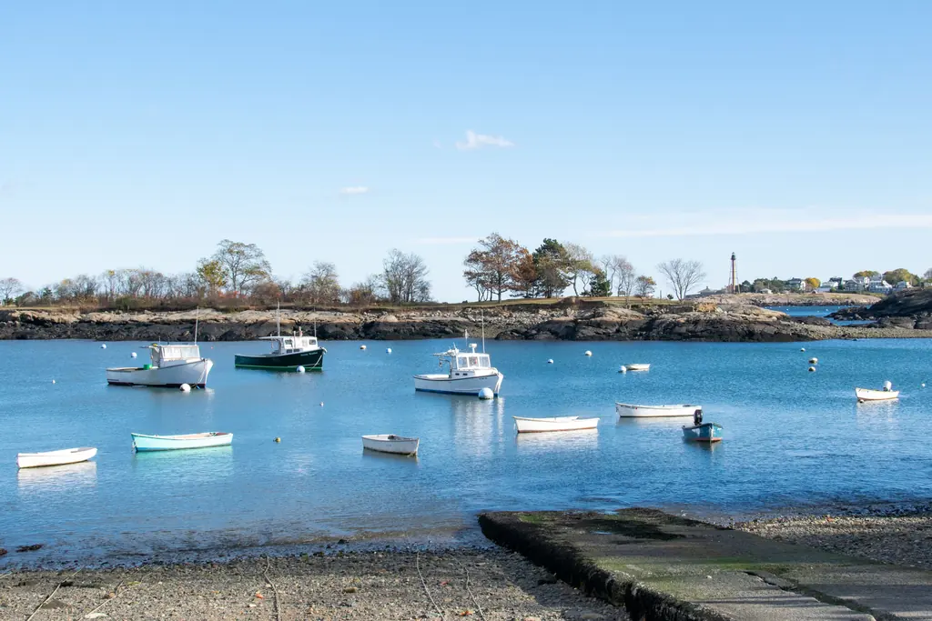 Small boats on moorings in a sheltered New England harbour